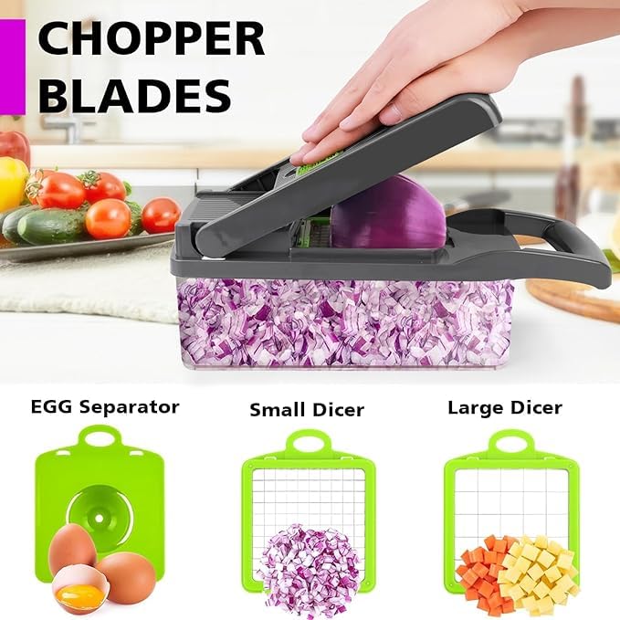 AILEXIM Vegetable Chopper 14-in-1 Slicer Veggie Food Chopper with Container Multi functional Vegetable Chopper Spiralizer Onion Salad Cutter Kitchen Gadgets & Accessories Home Essentials (Green/Grey)