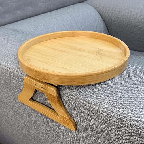 Bandeja de clip para brazo de sofá, bandeja redonda de 25 cm, mesa auxiliar de madera con clip para sofás anchos, bandeja de mesa plegable para comer, bebidas, aperitivos, controles remotos, teléfono
