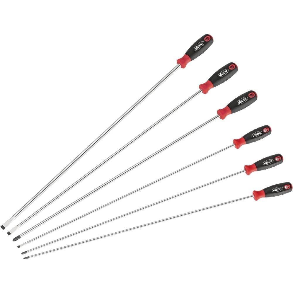 Vigor Jeu de tournevis extra longs V4432/6 à fente et profil cruciforme PH 600 mm