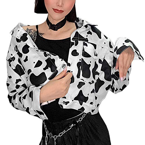 Ninmon Shares Women's Denim Cow Printed Button Down Short Jacket with Pocket (L, A-Cow Printed)