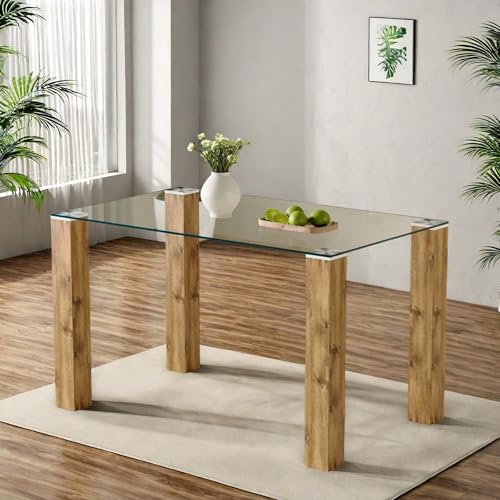 Trygoal Glass Dining Table, Rectangular Dining Table with 6mm Clear Tempered Glass Top & 4 MDF Wood Grain Legs, 50'' Modern Kitchen Tables with Anti-Slip Rubber Feet & Aluminum Plates Connection, Wood