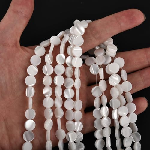 Image of HAAMIIQII Natural White Mother of Pearl Shell Beads 8mm Coin Shape Semi Precious Stone Loose Gemstone Beads for Jewelry Making Strand 15 Inch (45-47pcs)