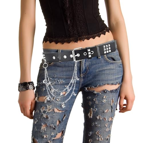 Black Studded Belt, Y2K Pants Chain Hip Hop Punk Jeans Chain with Goth Necklace for Women Men3
