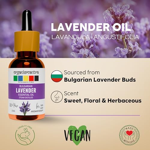 Image of Organix Mantra Bulgarian Lavender Essential Oil for Healthy Hair & Growth, Skin, Hair Fall Control and Relaxing Sleep| Lavandula Angustifolia | 100% Pure, Natural, Undiluted | 15ml