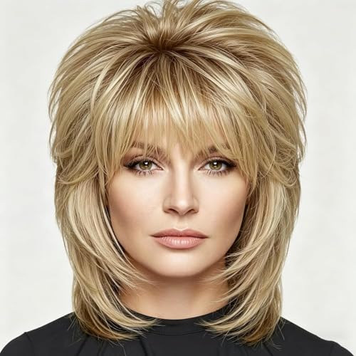 Wiwige Short Layered Blonde Wig with Bangs for Women Shaggy Synthetic Hair Wig Natural Looking Heat Resistant Hairpiece for Daily Wear Cosplay