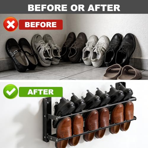 Schuhregal Wandmontage Ausziehbar 37-67cm, Schuhhalter Metall Schwarz, Mini Schuhregal Schmales 2 Ebenen Schuhorganizer für Tür, Korridor, Badezimmer, Wohnwagen – Platzsparend für 6 Paar Schuhe