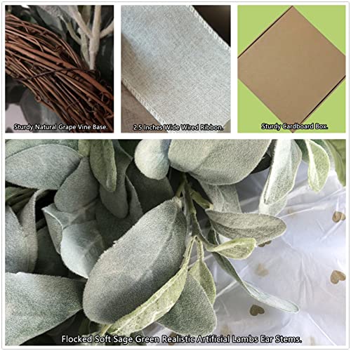 22-24-Inch-Flocked-Lambs-Ear-Wreaths-for-Front-Door-Wreaths-for-All-Seasons-Spring-Summer-Fall-Autumn-Winter-Simple-Modern-Year-Round-Everyday-Farmhouse-Greenery-Wreath-Burlap-Bow 22 24 Inch Flocked Lambs Ear Wreaths for Front Door Wreaths for All Seasons Spring Summer Fall Autumn Winter Simple Modern Year Round Everyday Farmhouse Greenery Wreath Burlap Bow