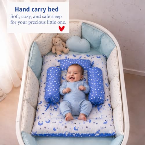 Image of Infantbond Designer Mattress with Net | Baby Sleeping Bag | Carry Bed (0-6 Months) (Moon Blue (N,S))