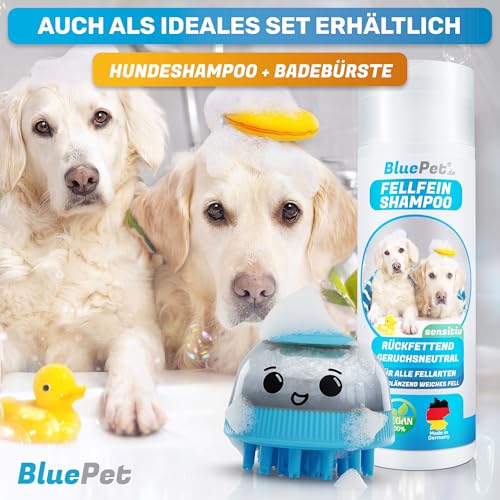BluePet Befüllbare Badebürste für Hundeshampoo I Einmassieren von Shampoo & anregende Massage I Entferne Schmutz & loses Fell I Inkl. 2x Aufsätze (Weich + Fest) für alle Rassen & Fellarten