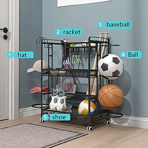 Metal Sports Ball Storage Cart - Freestanding Rolling Rack for Basketball, Football & Volleyball - Easy to Move, Stylish Black Design for Organized Sports Equipment & Hat Storage