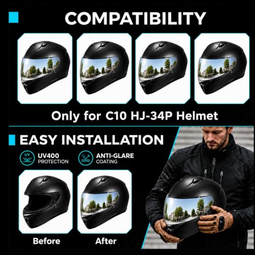 Image of PSLER Shatterproof Motorcycle Helmet Visor for HJ-34P C10,Silver-Mirrored | Impact-Resistant,UV400 Protection, Motorcycle Tinted Face Shield for HJ-34P C10,Visor Replacement