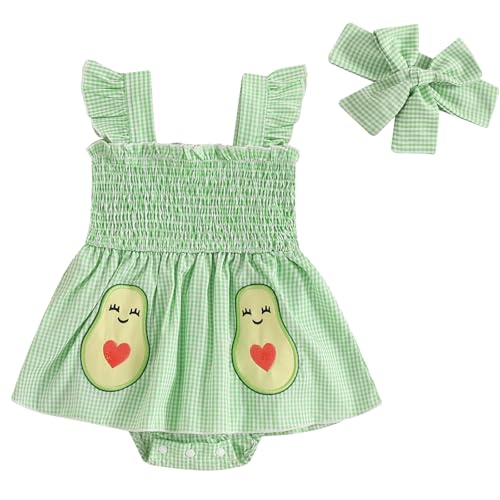 Image of Mubineo Baby Girl Summer Dress Ruffle Fruit Clothes Flutter Sleeveless Smocked Infant Rompers Plaid Boho Dress Outfits
