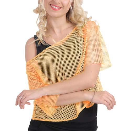 RuiChy Haut en Résille Néon pour Femmes, T-Shirts à Manches Courtes en Maille Déguisement Fluo Années 80 Thème Rétro Festival de Musique Carnaval Fête Disco Vetement Taille Unique (Orange)