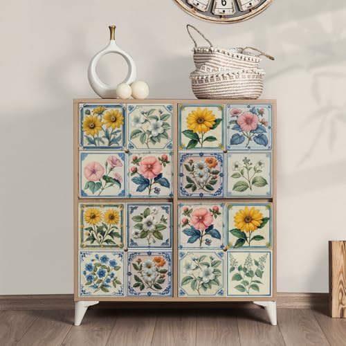 Baldosas Adhesivas Flores Amarillas Rosadas Suelo Vinilo Autoadhesivo Vinilo Impermeables Panel Revestimiento Ducha para Baño Cocina Gabinete Muebles Decoración Azulejos Adhesivos 20x20cm /24 Piezas