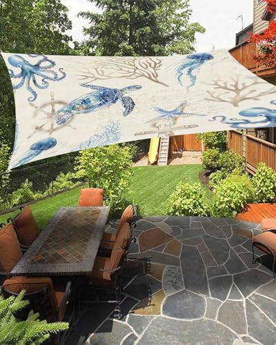 Nautical Coastal Sun Sail Shades Rectangle Canopy,Sunlight Block Heavy Duty Curved Backyard Shade Cover,Waterproof Sun Shades for Patios Outdoor,8'x10' Turtle Octopus Jellyfish Starfish Blue Beige