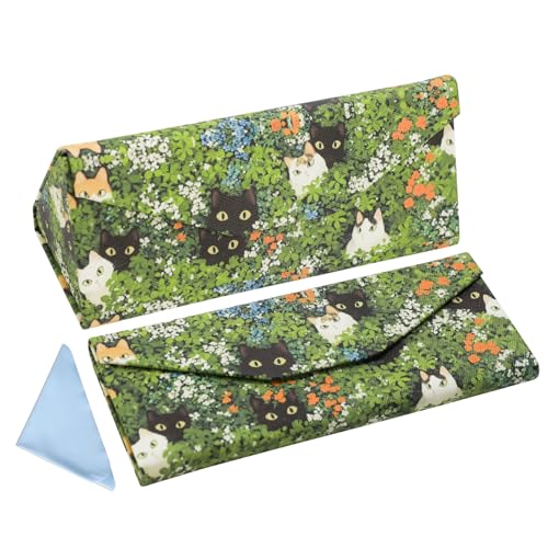 Foldable Glasses Case, Magnetic PU Leahter Sunglasses Case, Cute Hard Shell Folding Eyeglass Cases for Women Kids, Green Cats
