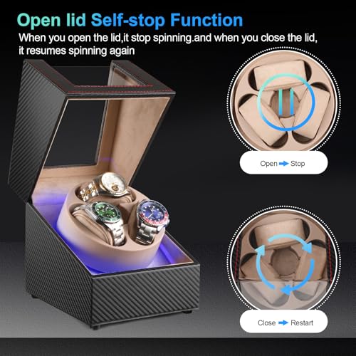 Image of J&T Technology Watch Winder for Automatic Watches,Automatic Watch Winder with LED Light,Rotating Watch Case with Japanese Quiet Motor,4 Rotation Modes,USB Type C