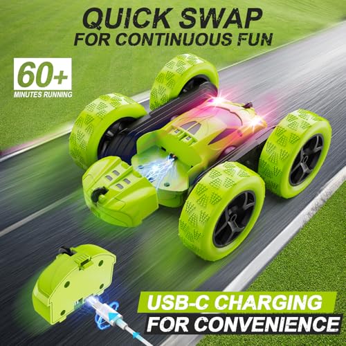 Remote Control Car for Kids Ages 6+, RC Cars Stunt Car Toy 4WD Double Sided 360° Rotating Remote Control with Headlights, Birthday Xmas Gifts for Boys 6 7 8 9 10 11 12 Green - Image 3