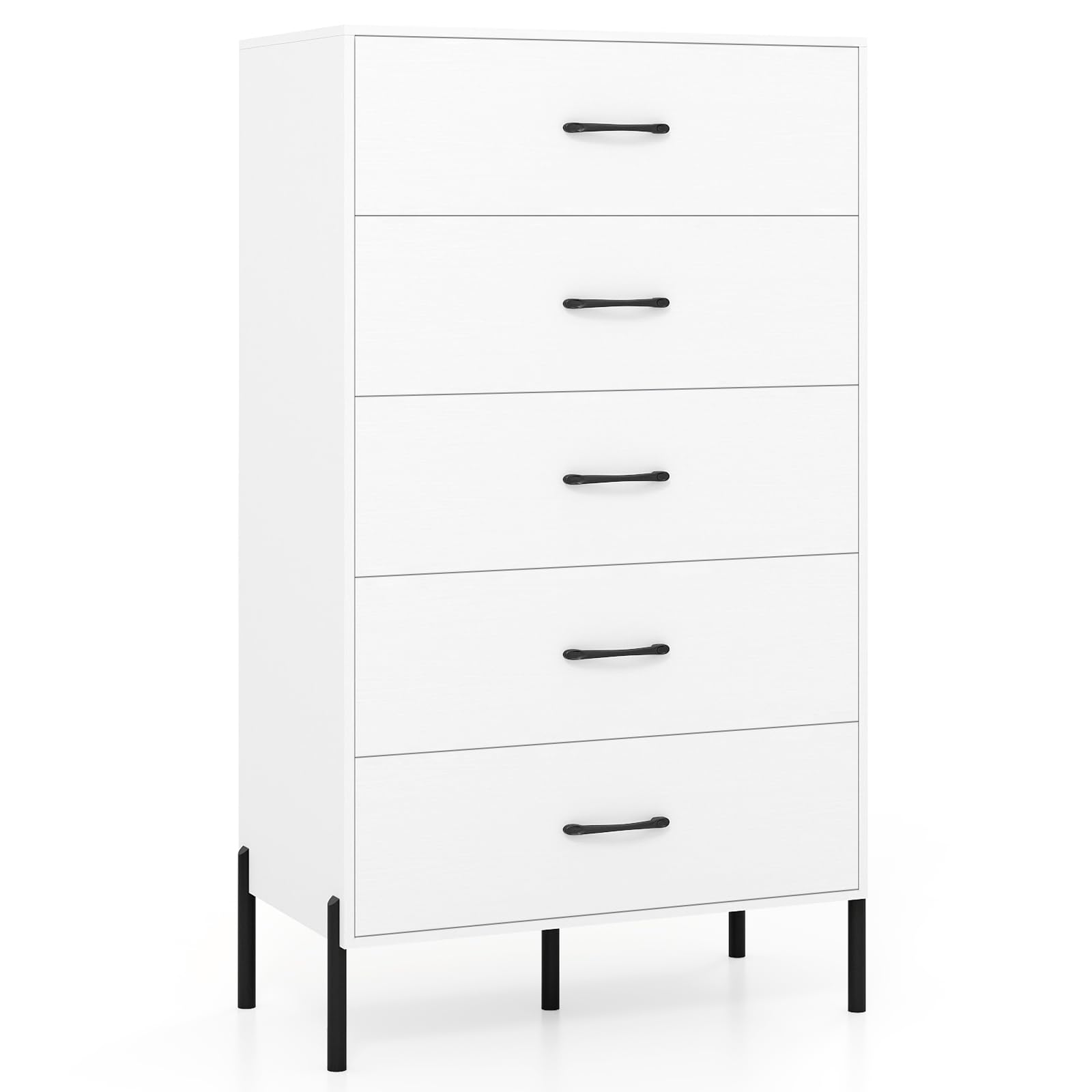 COSTWAY Wooden Chest of Drawers, 2/5-Drawer Dresser Storage Cabinet with Metal Legs, Freestanding Bedside Chest Cupboard Closet Organiser Unit for Bedroom, Living Room and Hallway (White, 5 Drawers)