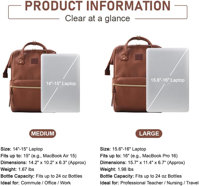 Kah&Kee Leather Laptop Backpack for Women, 14-15 Inch Professional Work Bag, Water-Resistant Vegan Leather Doctor Bag Backpack for Teacher, Nurse & Travel, Fits MacBook Air 15 (Brown,Medium) - Image 4
