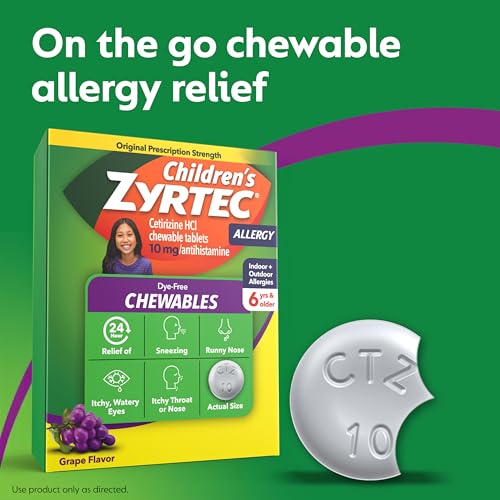 Zyrtec Children's Dye-Free Chewables for 24 Hour Allergy Relief, 10 mg Cetirizine Hydrochloride Antihistamine Tablets, Kids Allergy Medicine Relieves Sneezing & Itchy Throat, Grape, 24 ct - image 4