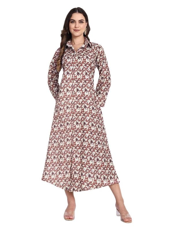 tilism Women Brown Floral Printed Shirt Collar Neck A-Line Maxi Dress-picture-14