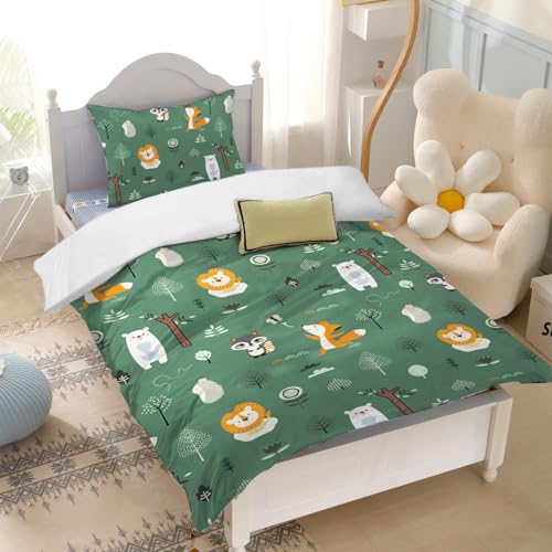 Yasida Ropa de cama verde bosque 120 x 150 cm, diseño de animales de dibujos animados con árbol, protección para los ojos, ropa de cama para niños, niños y niñas, microfibra, 120 x 150 cm, juego de 2