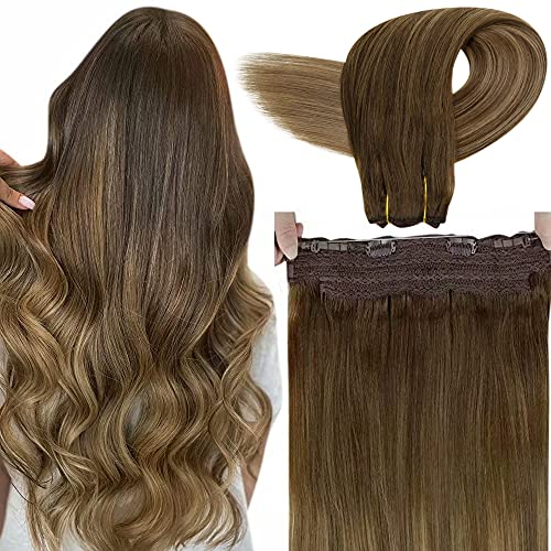 Wire Hair Extensions Brown LaaVoo Blonde Fish Line Extensions Real Human Hair Balayage Medium Brown to Light Brown with Golden Blonde One Piece Real Hair Extensions Brown Hidden Crown 80g 14"