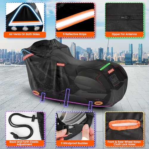 Image of Motorcycle Cover with Side + Top Box, 420D Heavy Duty Nano-Coated, Touring Bike Cover, 5 Reflective Strips,Air Vents,3 Windproof Buckles,Antenna Zipper