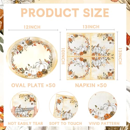 Image of White Pumpkin Paper Plates and Napkins Serve 50, Boho Oval Fall Plates 10 inch x 12 inch with 6.5 inch Napkins Floral Autumn Tableware Fall Party Decorations for Birthday Baby Shower Bridal Shower Thanksgiving