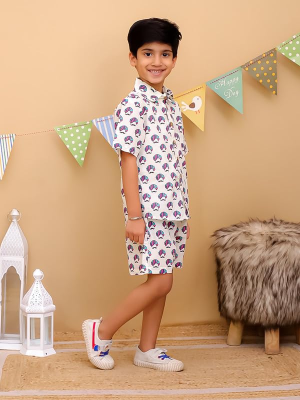 Image of superminis Boys Coordinated Set With Printed Rayon /Cotton Shirt and Shorts