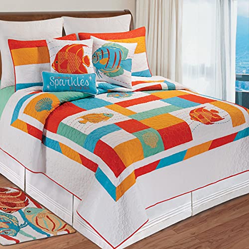 C&F Home South Seas Patchwork Beach Fish Twin Quilt 100% Cotton Lightweight Machine Washable Reversible Bedspread Coverlet Twin Orange