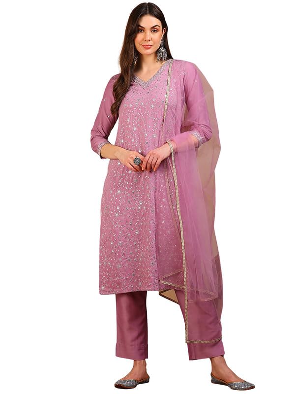 Image of Vaamsi Women's Silk Blend Floral Embroidered Straight Kurta Pant With Dupatta With Cotton Inner