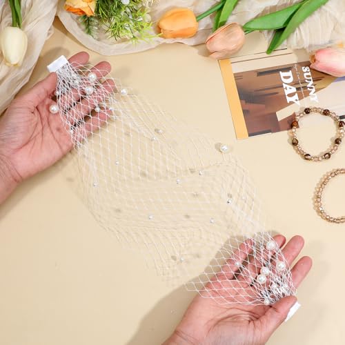 Pearl Birdcage Veil 14.5x8.3inches White Mesh Veil Headpiece with Pearl Bridal Veils Fascinator with Hair Comb 1920s Flapper Fascinator Mesh Veils for Tea Party Christmas Valentine\'s Day Accessories
