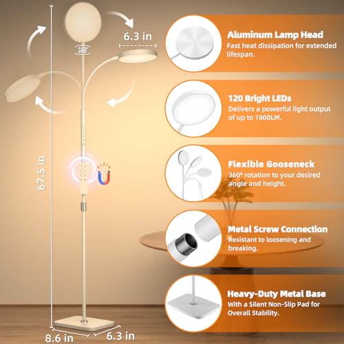 Image of PACOVY Floor Lamp, Adjustable Height Floor Lamps for Living Room Bedroom, 252 LED Super Bright Standing Lamp Remote Control, Dimmable Gooseneck Tall Stand Reading Lamp Light for Office Craft, White
