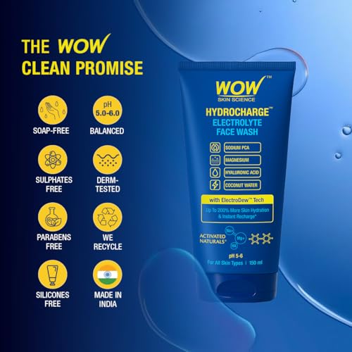 Image of WOW Skin Science Hydrocharge Electrolyte Face Wash 150 ML for Men & Women | Facewash with ElectroDew Tech, Sodium, Magnesium, Hyaluronic Acid & Coconut Water | India's 1st Electrolyte Cleanser | pH 5-6 | All Skin Types