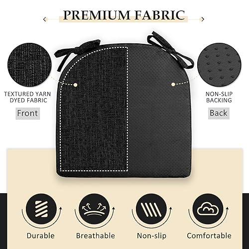 Image of Wellsin Chair Cushions for Dining Chairs 4 Pack - Kitchen Chair Cushions with Ties and Non-Slip Backing - Dining Chair Pads 16 inchX16 inchX2 inch, Black