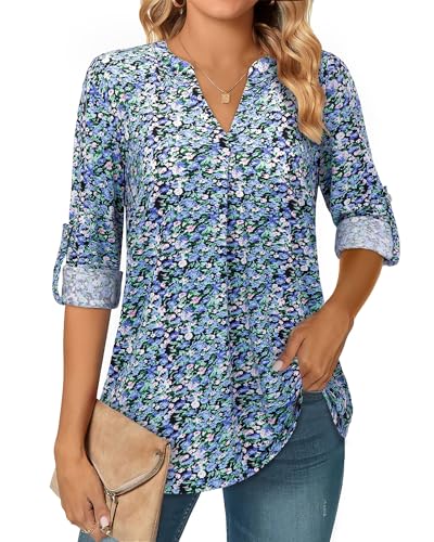 Amrto Casual Damen Shirt, Floral Geblümt Bluse Tunika mit V-Ausschnitt 3/4 Ärmel Lose Lässig, Feierliche Bedruckt Süß Langarmshirt Oberteil, Blau L Amrto Casual Damen Shirt, Floral Geblümt Bluse Tunika mit V-Ausschnitt 3/4 Ärmel Lose Lässig, Feierliche Bedruckt Süß Langarmshirt Oberteil, Blau L