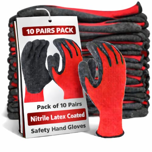 Image of Heavy Duty Coated Work Gloves For Industrial | Gardening | Agricultural |Cleaning. (Black Red (Latex Coated), Pack of 10 Pairs)