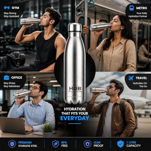 Image of House of Bhaskar Thermosteel Water Bottle 1 Litre | 24 Hours Hot & Cold Insulated Vacuum Flask | Double Wall Stainless Steel, BIS Certified, Leakproof 1000ml for Office, Gym, School, Travel