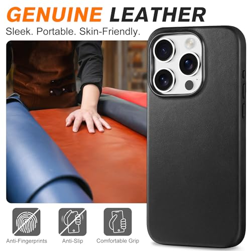 Coque cuir véritable iPhone 15 Pro Shieldon, étui luxe noir protection antichoc - 3