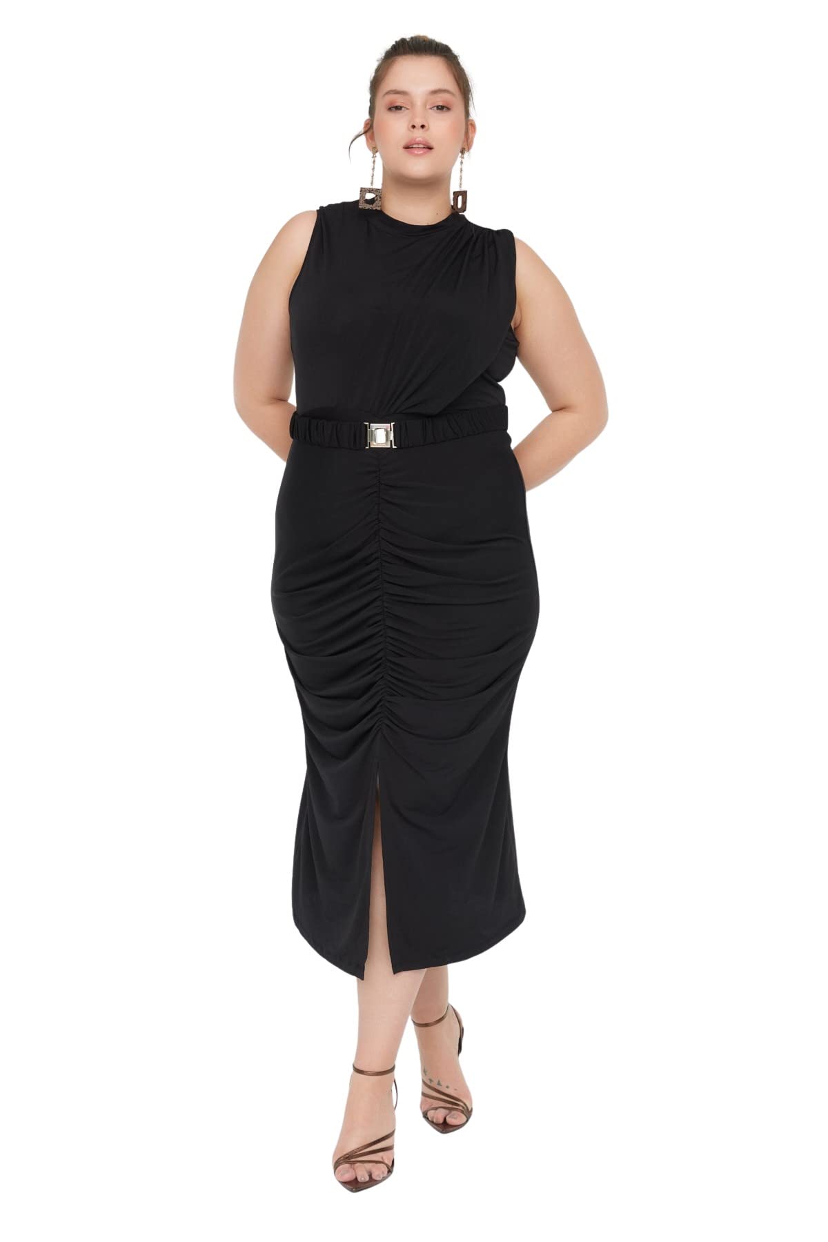 Trendyol Vestido Ajustado Midi de Talla Grande, Negro, 3XL para Mujer