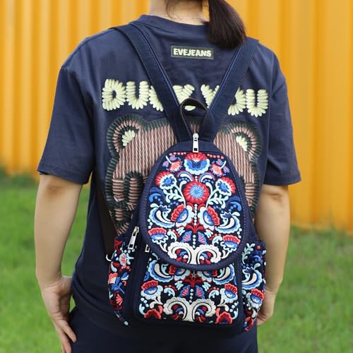 Image of SILKAREA Vintage Embroidered Floral Ethnic Backpack for Women Handbag Shoulder Bag Mini Travel Purse (Embroidered Blue)