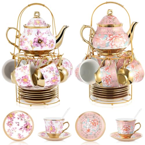 Zhehao 40 Pcs Porcelain Tea Set for Adult, with Metal Holder, Luxe
