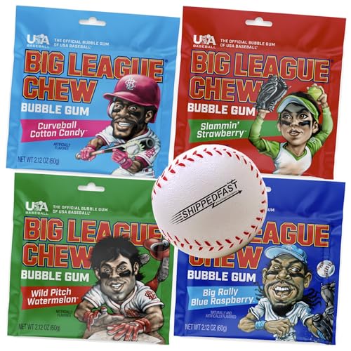 Big League Chew - (Pack of 4) Blue Raspberry, Cotton Candy, Strawberry, Watermelon. - Bubble Gum Bundle - with Shippedfast Squish Baseball Included. 4 Pack Bundle.