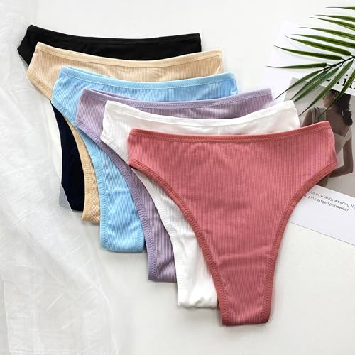 Image of High Waist Cotton Thongs Women Cotton Rib Thongs Panties 6pcs | Wironoat High Waist Cotton Thongs Women Cotton Rib Comfortable Soft Thongs Panties Pack 6