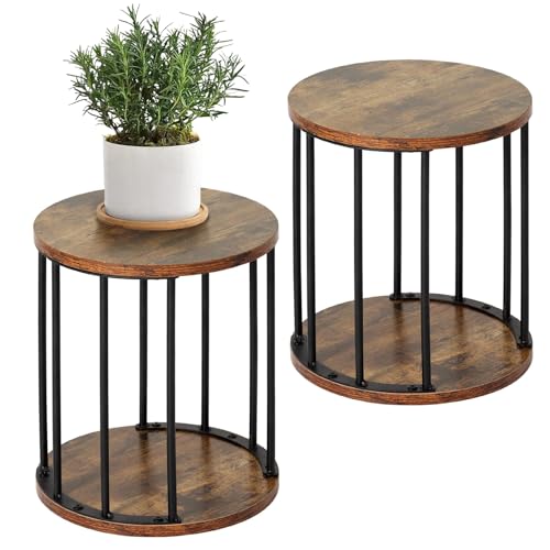 HDANI Rund Pflanzenständer Metall 35cm 2er-Set ,Solider und Robuster Blumenständer für Wohnzimmer, Garten,Balkon, Blumenhocker Holzfür,Vintagebraun-Schwarz