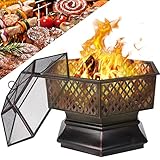 Feuerschale, Feuerstelle Garten, Sechseckig, Retro-Look, Feuerkorb mit Grillrost(Ø 57cm), Schürhaken & funkenschutz, Ø66x63cm, für Camping Hof Garten Terrasse,26 Zoll