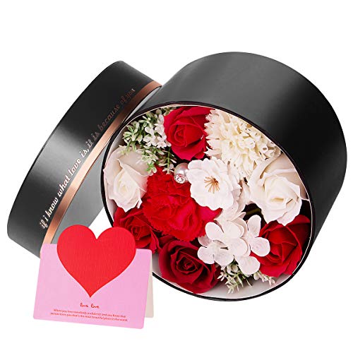 ANSUG Flor de Rosa Artificial Regalo de Ramos de Flores de simulación para Mujeres- combina con Caja de Regalo Redonda Tarjeta de felicitación