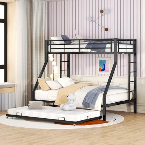 LZPUOUI Litera de Metal 140x200 Negro Triple para Dormitorio con Cama Nido y Escaleras Dobles de Hierro Robusto Que Ahorra Espacio para Jóvenes y Adultos de Estructura Firme Estable